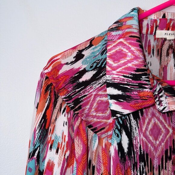 Pleione Womens Long Sleeve Collared Blouse Size L Multicolor Geometric Print - Picture 2 of 7